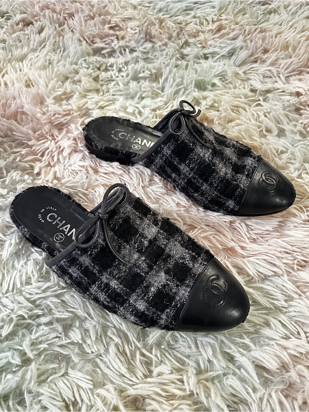 Chanel Wool Check Mules Size 38.5